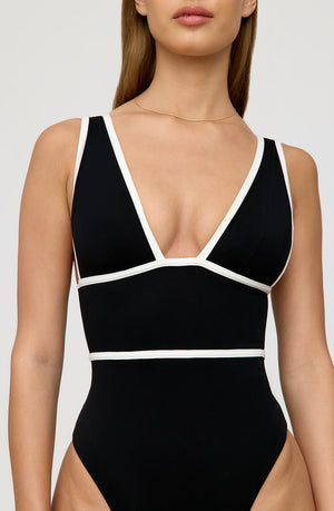 CAP-FERRAT CONTRAST TRIM PLUNGE NECK SHAPING SWIMSUIT - SHADOW BLACK