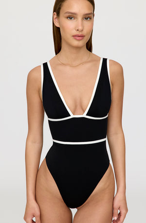 CAP-FERRAT CONTRAST TRIM PLUNGE NECK SHAPING SWIMSUIT - SHADOW BLACK