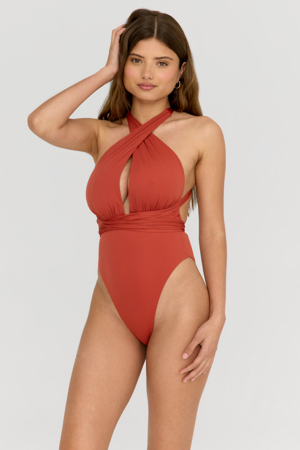 HAMPTONS PLUNGE NECK MULTIWAY SWIMSUIT - RUST ORANGE