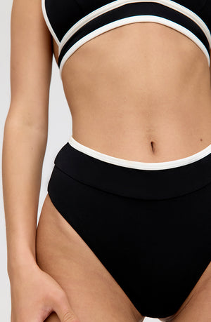 KOS CONTRAST TRIM HIGH WAISTED CHEEKY BIKINI BRIEF - SHADOW BLACK AND COCONUT MILK