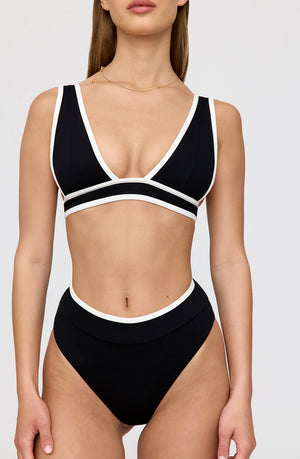 KOS CONTRAST TRIM HIGH WAISTED CHEEKY BIKINI BRIEF - SHADOW BLACK AND COCONUT MILK