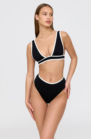 KOS CONTRAST TRIM HIGH WAISTED CHEEKY BIKINI BRIEF - SHADOW BLACK AND COCONUT MILK