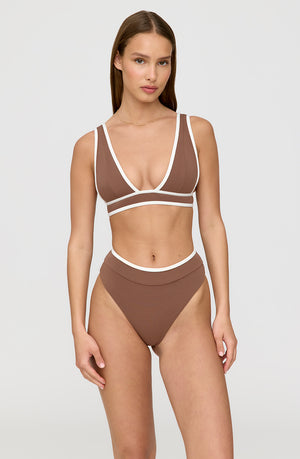 KOS CONTRAST TRIM HIGH WAISTED CHEEKY BIKINI BRIEF - TERRACOTTA AND COCONUT MILK