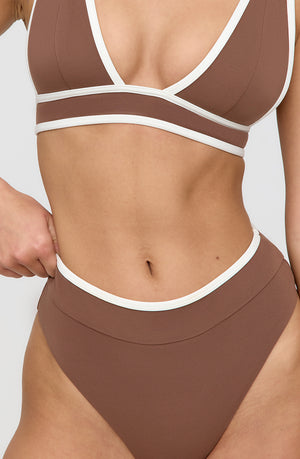 KOS CONTRAST TRIM HIGH WAISTED CHEEKY BIKINI BRIEF - TERRACOTTA AND COCONUT MILK