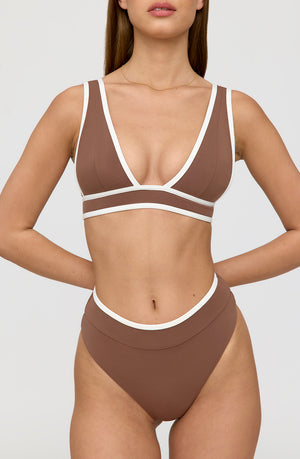 KOS CONTRAST TRIM HIGH WAISTED CHEEKY BIKINI BRIEF - TERRACOTTA AND COCONUT MILK