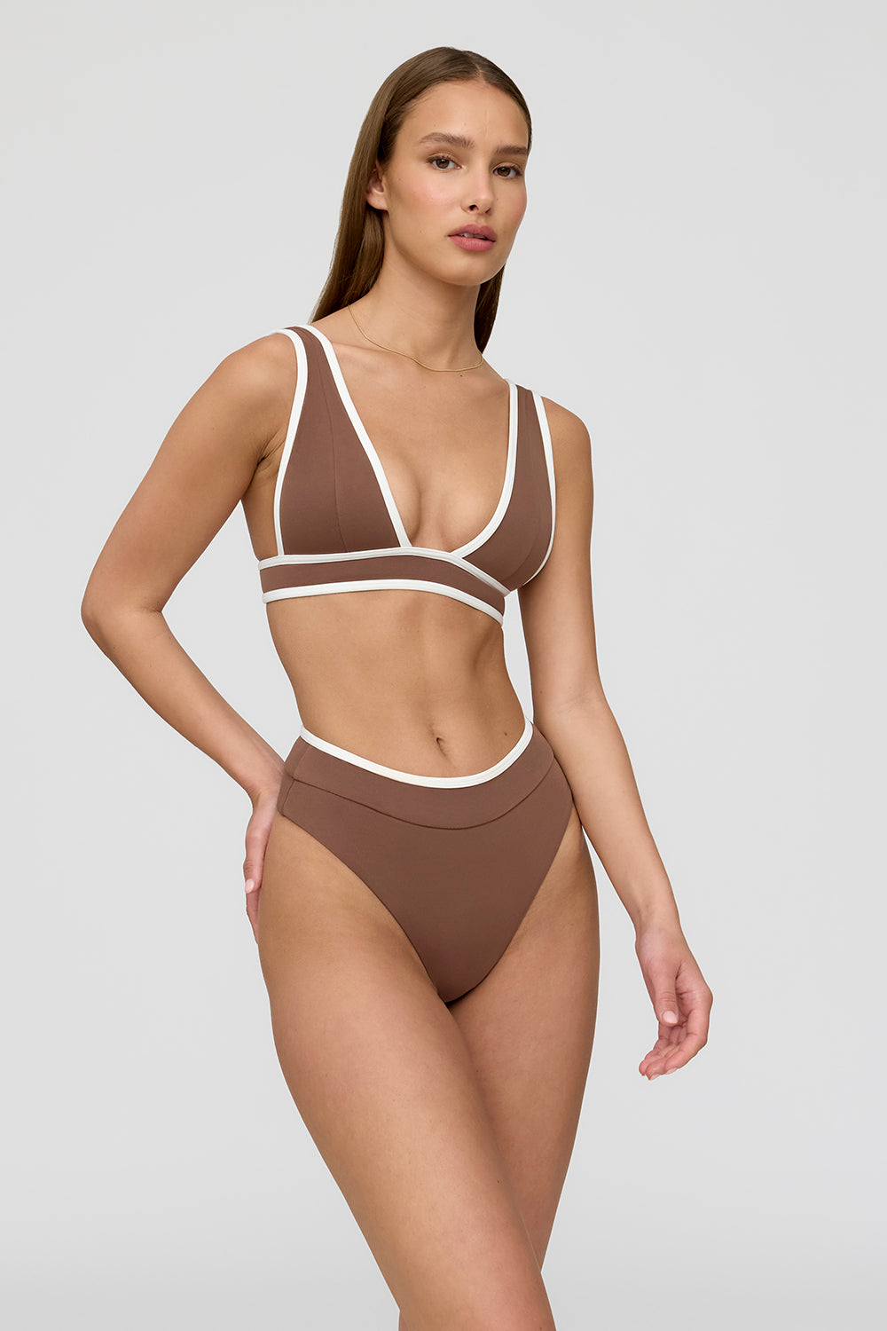 KOS CONTRAST TRIM HIGH WAISTED CHEEKY BIKINI BRIEF - TERRACOTTA AND COCONUT MILK