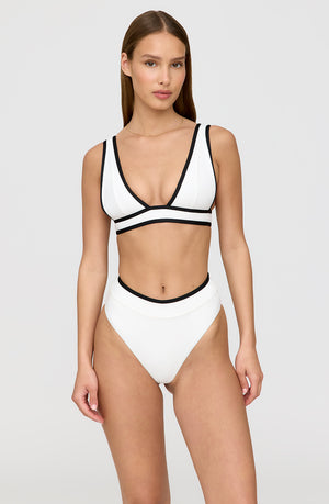 KOS CONTRAST TRIM HIGH WAISTED CHEEKY BIKINI BRIEF - COCONUT MILK AND SHADOW BLACK