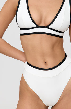 KOS CONTRAST TRIM HIGH WAISTED CHEEKY BIKINI BRIEF - COCONUT MILK AND SHADOW BLACK