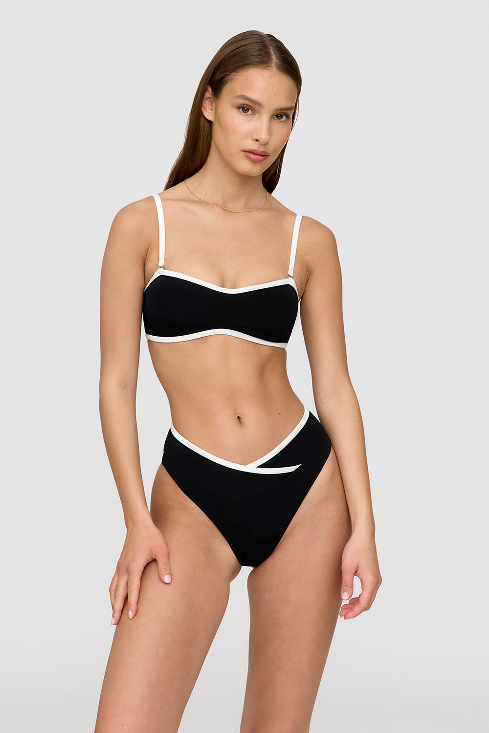 MYKONOS CONTRAST TRIM MULTIWAY BANDEAU BIKINI TOP - SHADOW BLACK AND COCONUT MILK