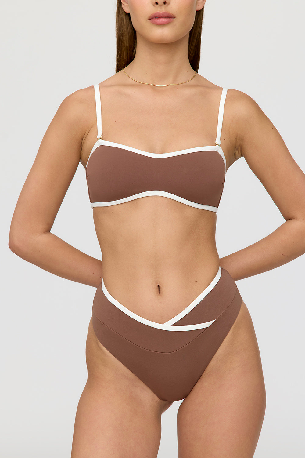 MYKONOS CONTRAST TRIM MULTIWAY BANDEAU BIKINI TOP - TERRACOTTA AND COCONUT MILK