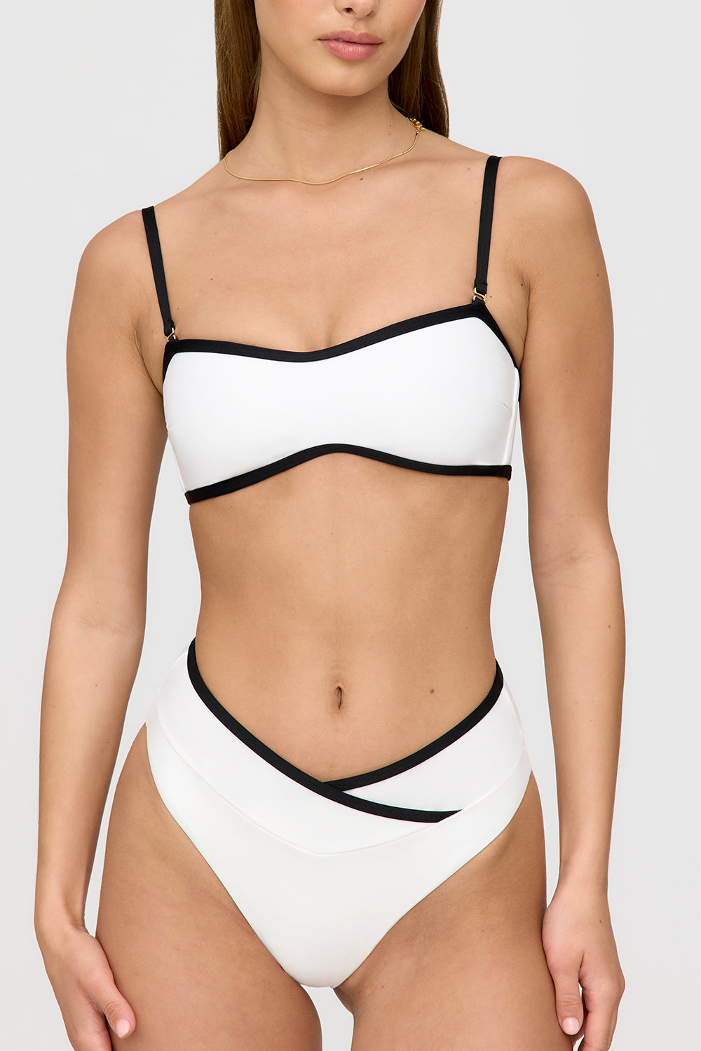 MYKONOS CONTRAST TRIM MULTIWAY BANDEAU BIKINI TOP - COCONUT MILK AND SHADOW BLACK