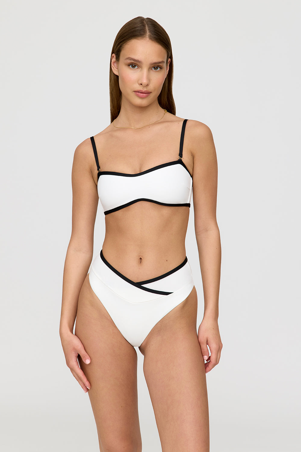 MYKONOS CONTRAST TRIM MULTIWAY BANDEAU BIKINI TOP - COCONUT MILK AND SHADOW BLACK