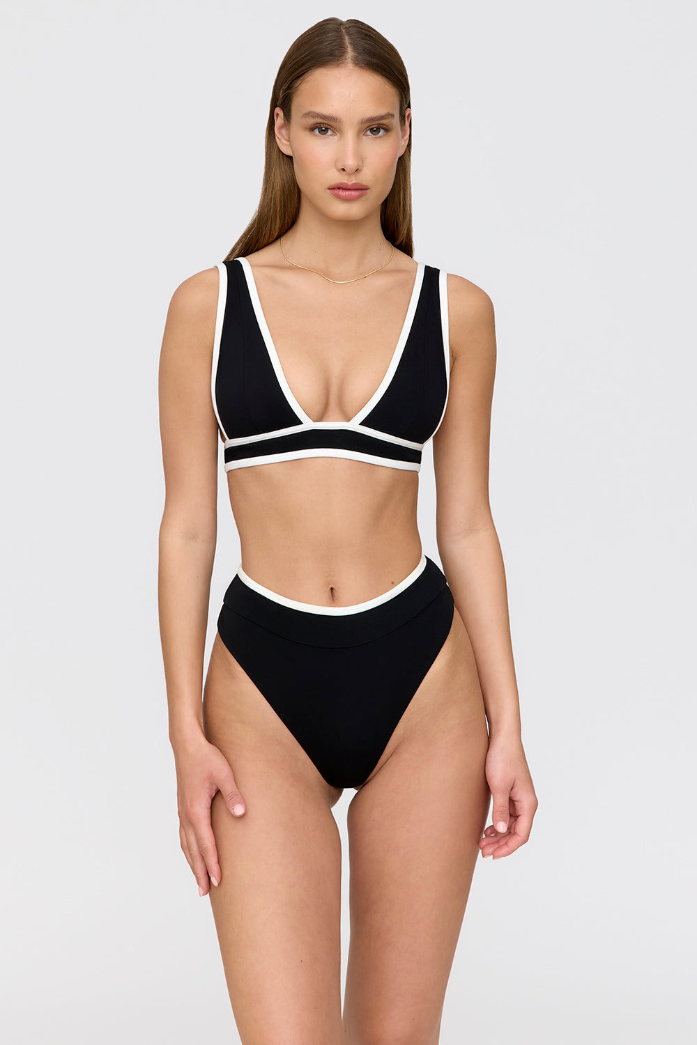 SAINT TROPEZ CONTRAST TRIM PLUNGE NECK BIKINI TOP - SHADOW BLACK AND COCONUT MILK