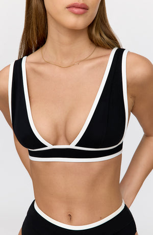 SAINT TROPEZ CONTRAST TRIM PLUNGE NECK BIKINI TOP - SHADOW BLACK AND COCONUT MILK