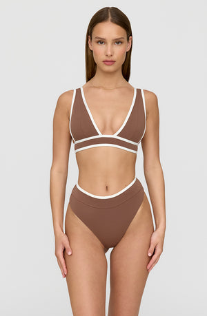 SAINT TROPEZ CONTRAST TRIM PLUNGE NECK BIKINI TOP - TERRACOTTA AND COCONUT MILK