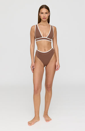 SAINT TROPEZ CONTRAST TRIM PLUNGE NECK BIKINI TOP - TERRACOTTA AND COCONUT MILK