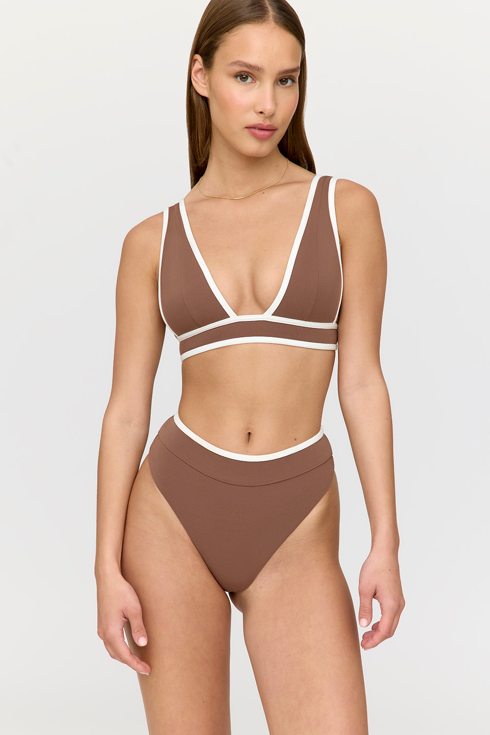 SAINT TROPEZ CONTRAST TRIM PLUNGE NECK BIKINI TOP - TERRACOTTA AND COCONUT MILK