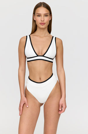 SAINT TROPEZ CONTRAST TRIM PLUNGE NECK BIKINI TOP - COCONUT MILK AND SHADOW BLACK