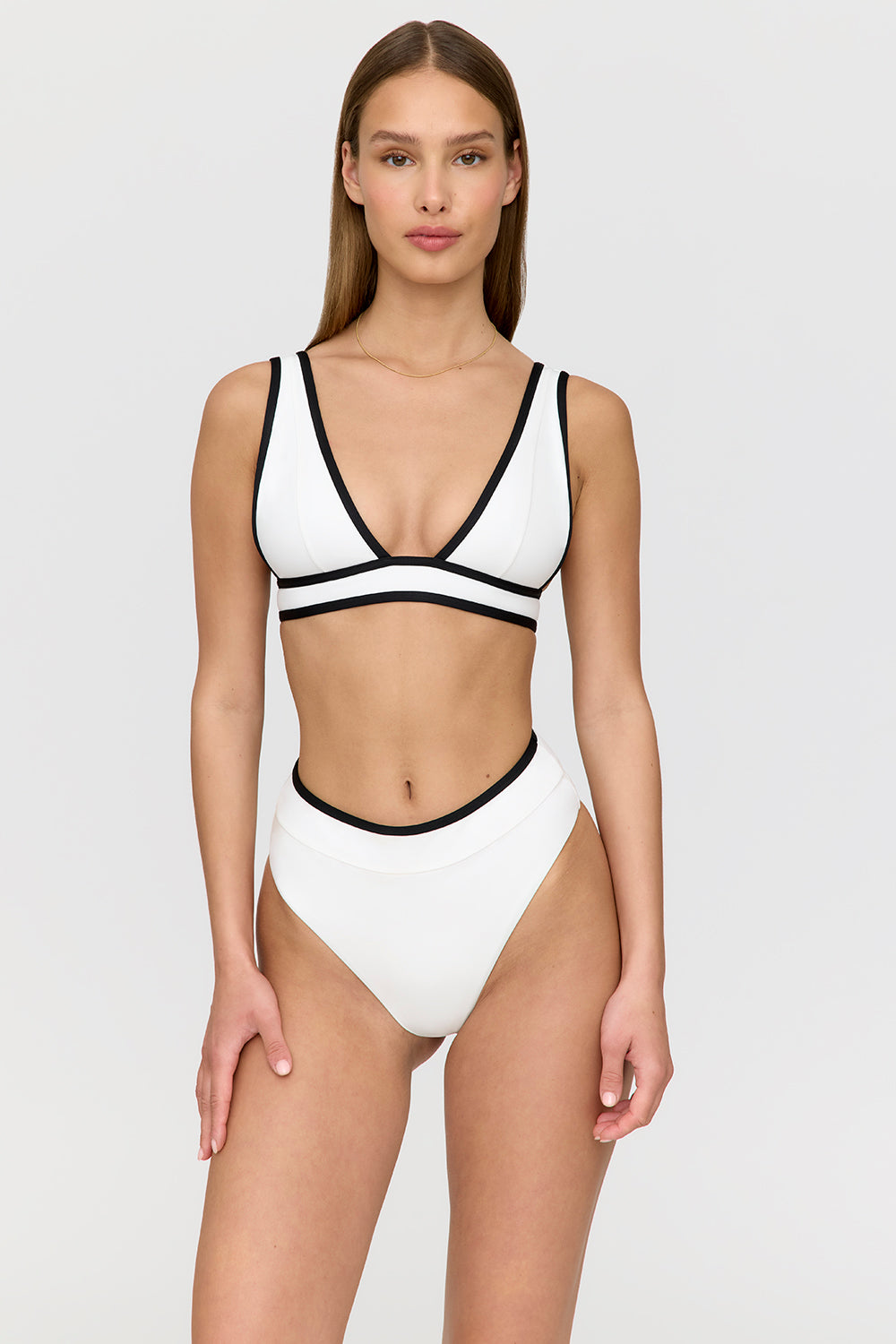 SAINT TROPEZ CONTRAST TRIM PLUNGE NECK BIKINI TOP - COCONUT MILK AND SHADOW BLACK