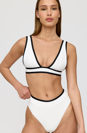 SAINT TROPEZ CONTRAST TRIM PLUNGE NECK BIKINI TOP - COCONUT MILK AND SHADOW BLACK