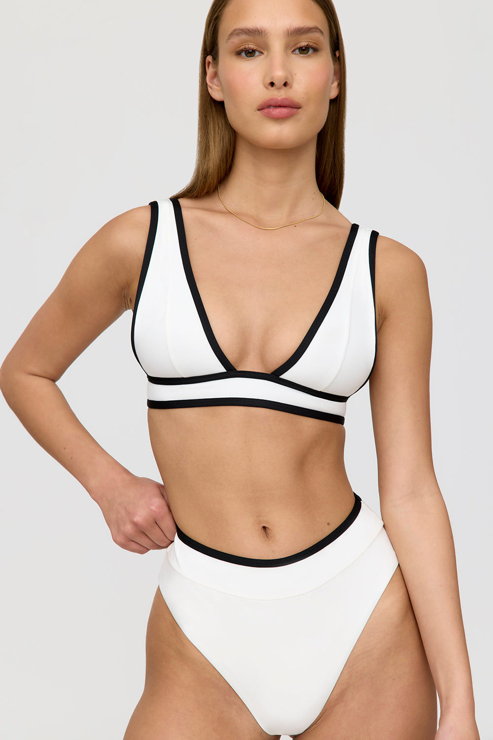 SAINT TROPEZ CONTRAST TRIM PLUNGE NECK BIKINI TOP - COCONUT MILK AND SHADOW BLACK