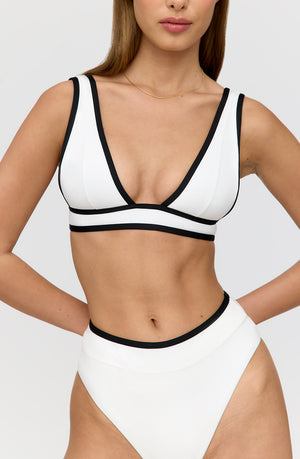 SAINT TROPEZ CONTRAST TRIM PLUNGE NECK BIKINI TOP - COCONUT MILK AND SHADOW BLACK