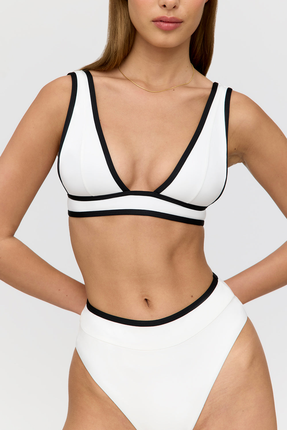 SAINT TROPEZ CONTRAST TRIM PLUNGE NECK BIKINI TOP - COCONUT MILK AND SHADOW BLACK