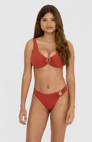 APHRODITE PLUNGE NECK RING BIKINI TOP - RUST ORANGE