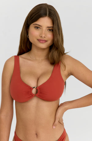 APHRODITE PLUNGE NECK RING BIKINI TOP - RUST ORANGE