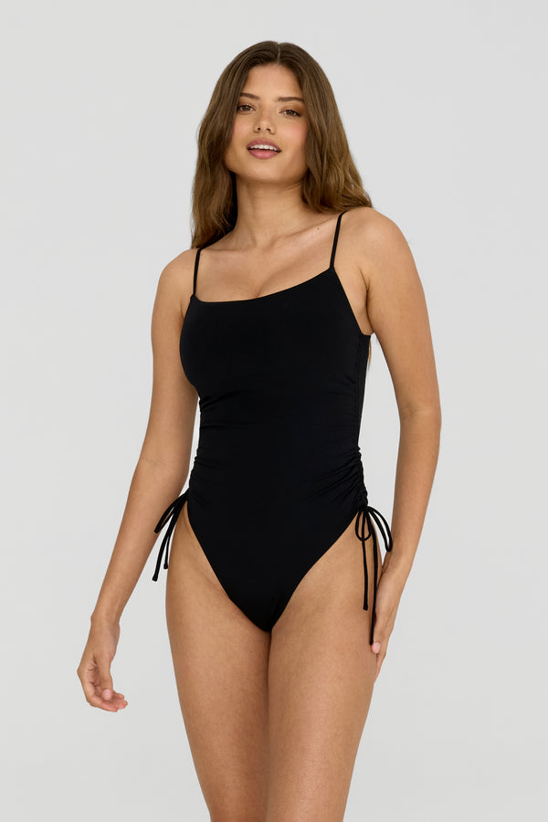 CASSIA RUCHED ADJUSTABLE TIE SIDE SHAPING SWIMSUIT - SHADOW BLACK