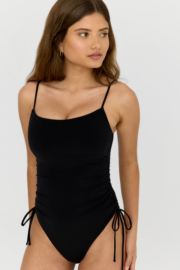CASSIA RUCHED ADJUSTABLE TIE SIDE SHAPING SWIMSUIT - SHADOW BLACK