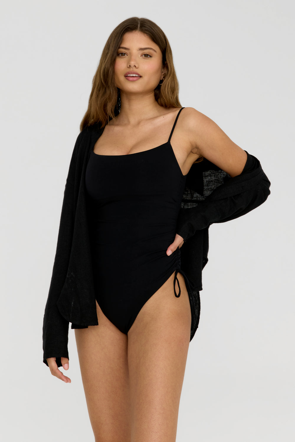 CASSIA RUCHED ADJUSTABLE TIE SIDE SHAPING SWIMSUIT - SHADOW BLACK