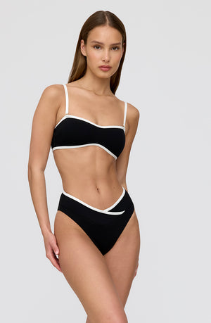 PALMA CONTRAST TRIM WRAP WAIST BIKINI BRIEF - SHADOW BLACK AND COCONUT MILK