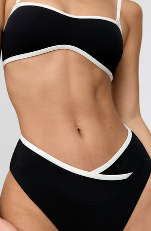 PALMA CONTRAST TRIM WRAP WAIST BIKINI BRIEF - SHADOW BLACK AND COCONUT MILK