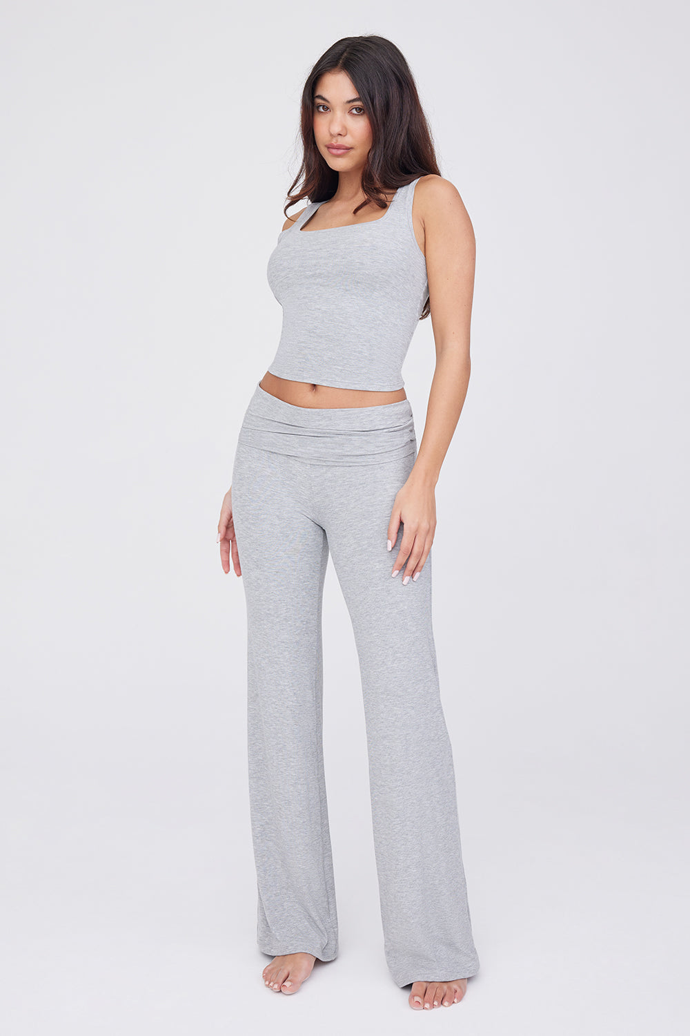 Grey Marl Cotton Fold Over Waist Flare Trousers