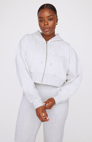 CROPPED ZIP THROUGH HOODIE - GREY MARL