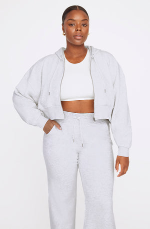 CROPPED ZIP THROUGH HOODIE - GREY MARL