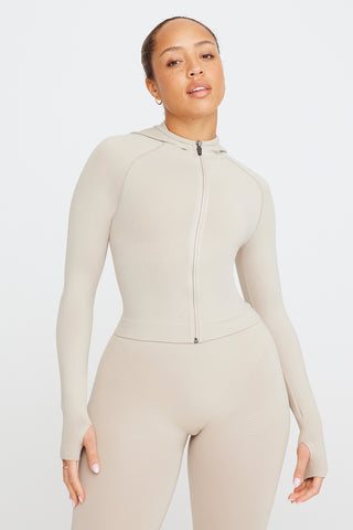 SCULPT SEAMLESS ZIP THROUGH HOODIE JACKET- CHAI MARL – TALA