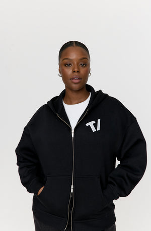 OVERSIZED ZIP THROUGH LOGO HOODIE - BLACK