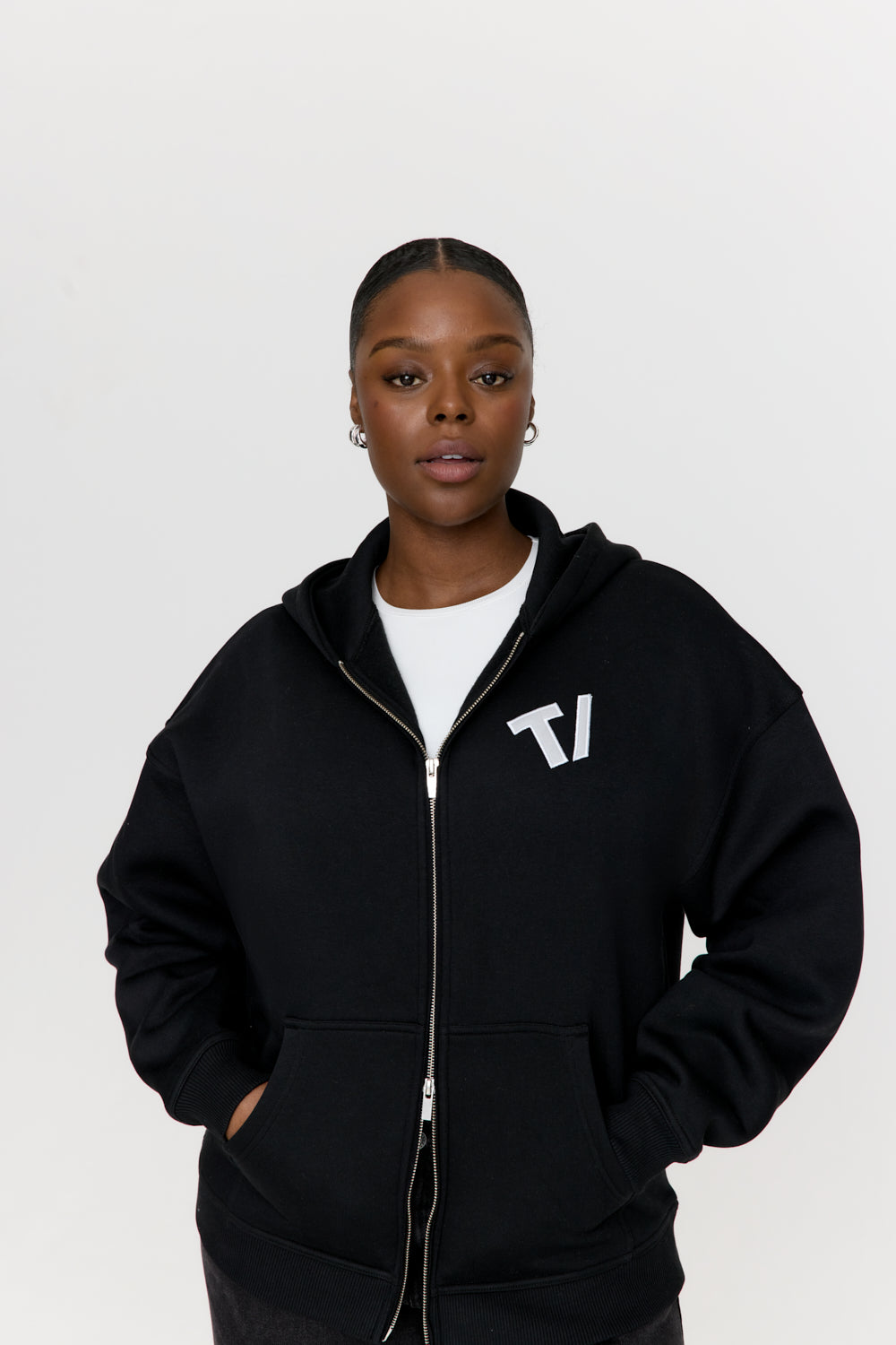 OVERSIZED ZIP THROUGH LOGO HOODIE - BLACK