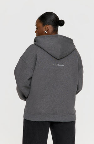 OVERSIZED ZIP THROUGH LOGO HOODIE - DARK GREY MARL