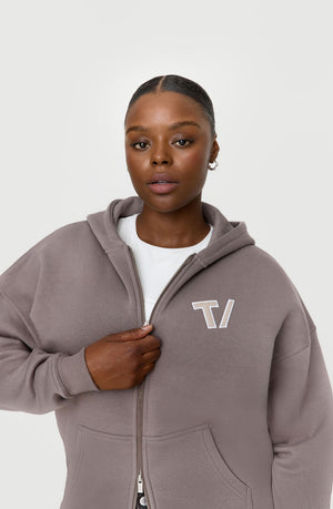 OVERSIZED ZIP THROUGH LOGO HOODIE - PEBBLE