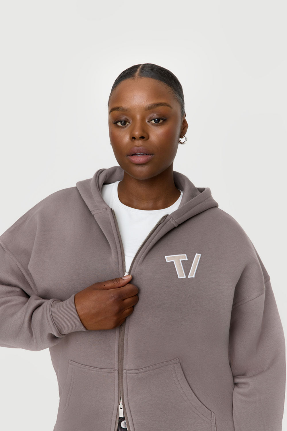 OVERSIZED ZIP THROUGH LOGO HOODIE - PEBBLE