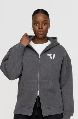 OVERSIZED ZIP THROUGH LOGO HOODIE - DARK GREY MARL