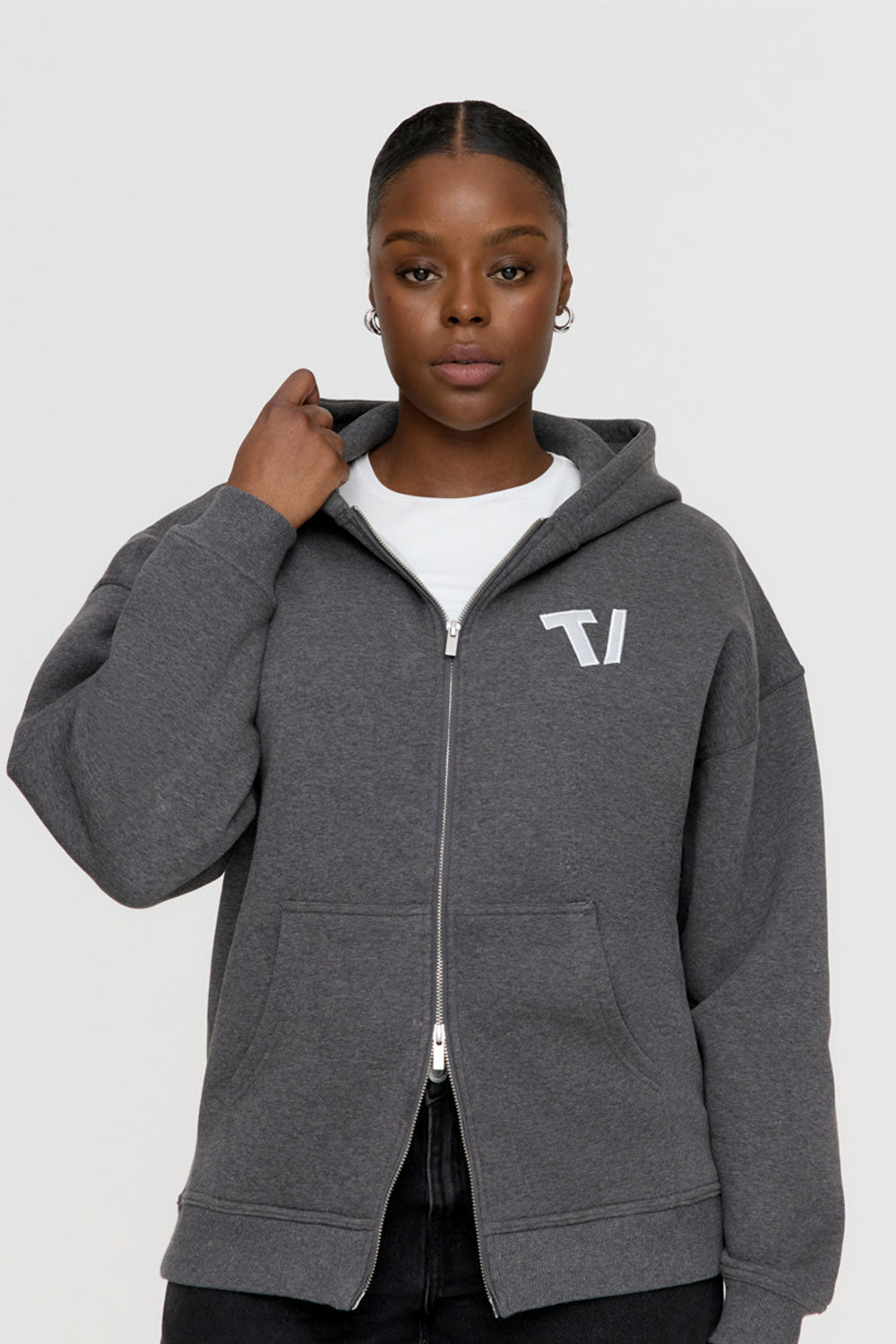 OVERSIZED ZIP THROUGH LOGO HOODIE - DARK GREY MARL