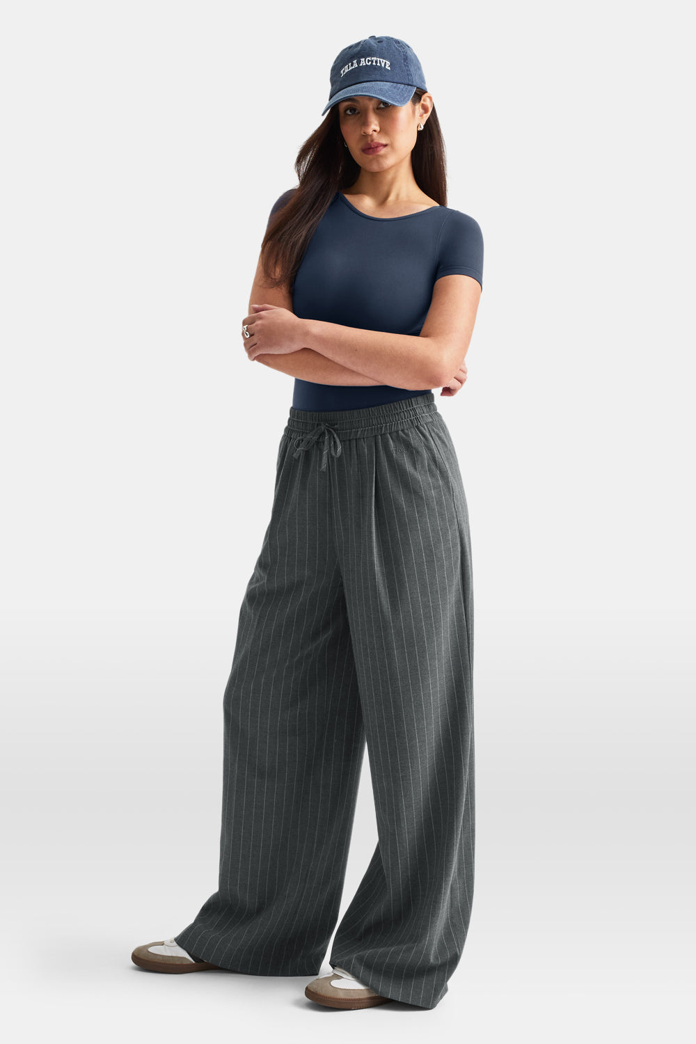 EVERYDAY TAILORING DRAWSTRING WIDE LEG TROUSERS - CHARCOAL GREY STRIPE