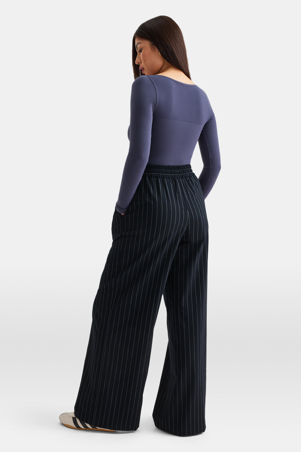 EVERYDAY TAILORING DRAWSTRING WIDE LEG TROUSERS - NAVY STRIPE