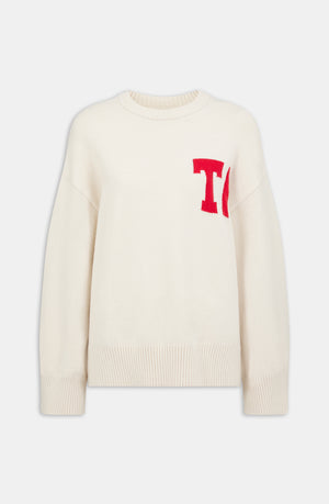 T LOGO KNIT SWEATER - BUTTERMILK AND CHILLI RED