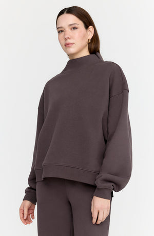 EVERYDAY LOOSE HEM MOCK NECK SWEATSHIRT - COOL ESPRESSO