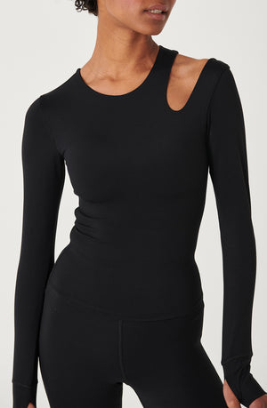 SKINLUXE CUT OUT SHOULDER LONG SLEEVE TOP - SHADOW BLACK